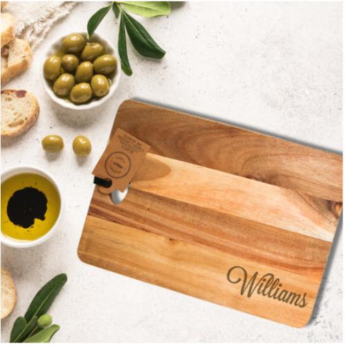 Personalized Wooden Acacia Small Cutting Board 13 3/4" by 9 7/8 by  .5"  Home & Garden > Kitchen & Dining > Kitchen Tools & Utensils > Cutting Boards