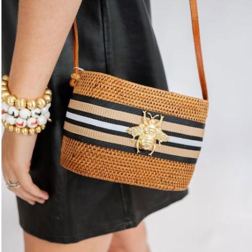 Lisi Lerch Small Charlotte Tan & Black Stripe Band with Bee Bag Lisi Lerch Small Charlotte Tan & Black Stripe Band with Bee Bag Apparel & Accessories > Handbags > Clutches & Special Occasion Bags