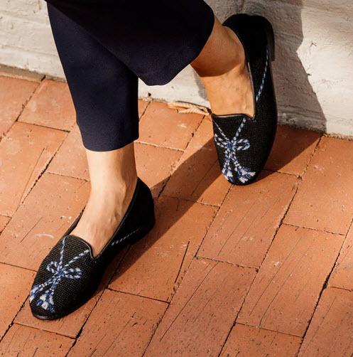 By Paige Ladies Blue Tassel on Black Needlepoint Loafers   Apparel & Accessories > Shoes > Loafers